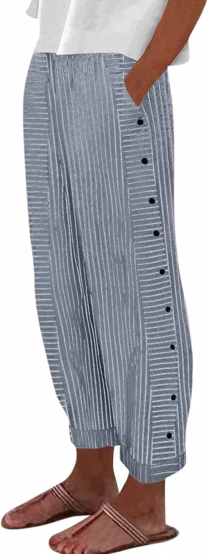 TWGONE Women's Casual Pants Striped Side Button Elastic Waist Trendy Linen Pants Comfy Baggy Trousers with Pockets