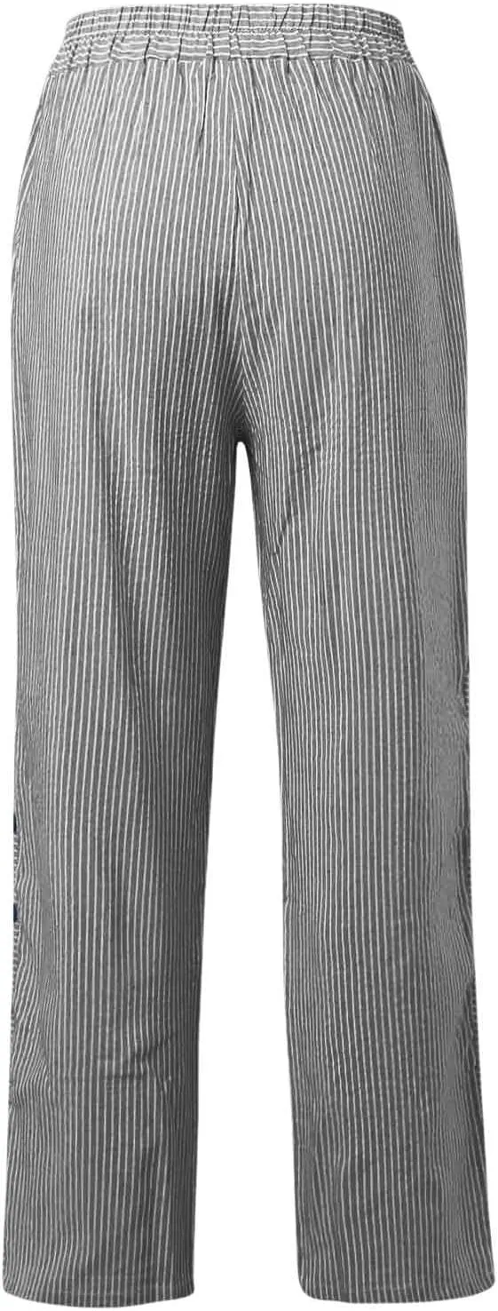 TWGONE Women's Casual Pants Striped Side Button Elastic Waist Trendy Linen Pants Comfy Baggy Trousers with Pockets