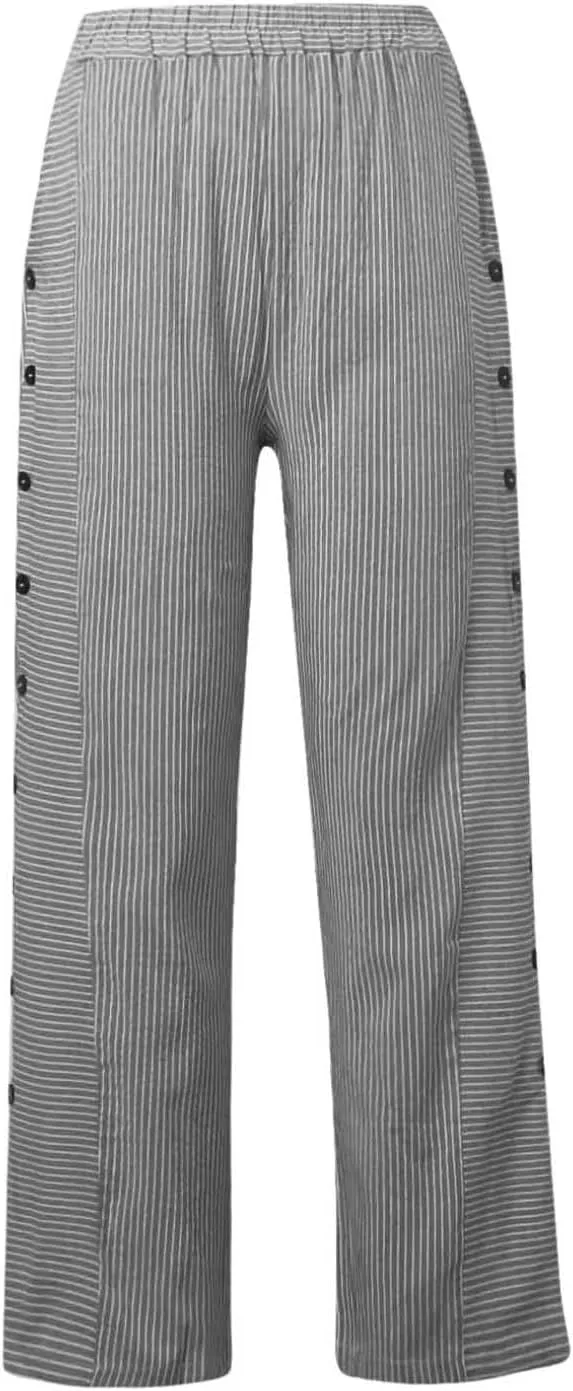 TWGONE Women's Casual Pants Striped Side Button Elastic Waist Trendy Linen Pants Comfy Baggy Trousers with Pockets