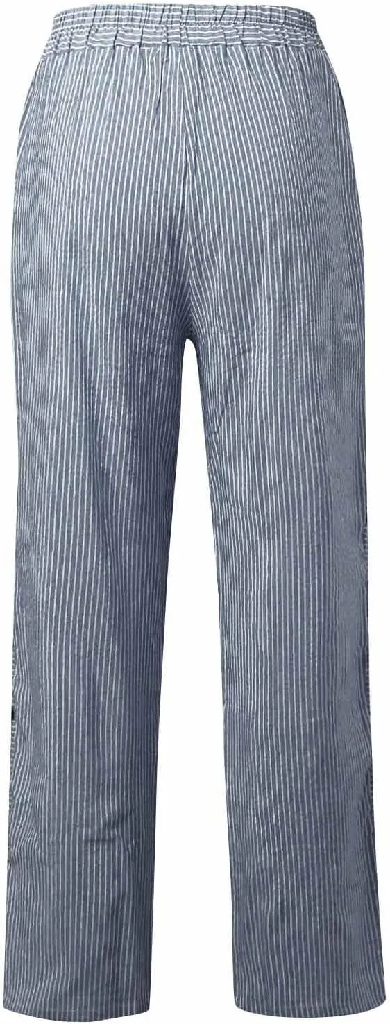 TWGONE Women's Casual Pants Striped Side Button Elastic Waist Trendy Linen Pants Comfy Baggy Trousers with Pockets