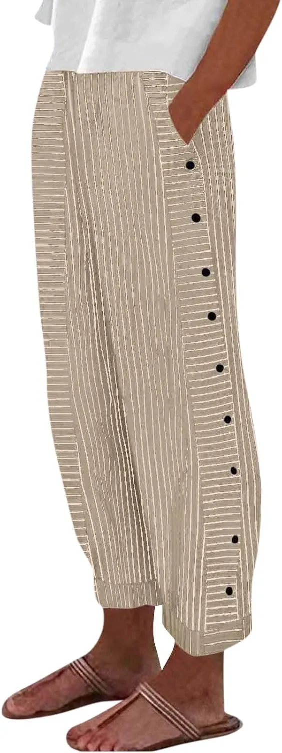 TWGONE Women's Casual Pants Striped Side Button Elastic Waist Trendy Linen Pants Comfy Baggy Trousers with Pockets