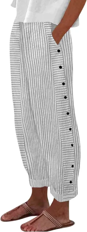 TWGONE Women's Casual Pants Striped Side Button Elastic Waist Trendy Linen Pants Comfy Baggy Trousers with Pockets