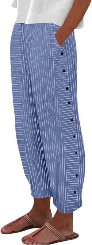 TWGONE Women's Casual Pants Striped Side Button Elastic Waist Trendy Linen Pants Comfy Baggy Trousers with Pockets