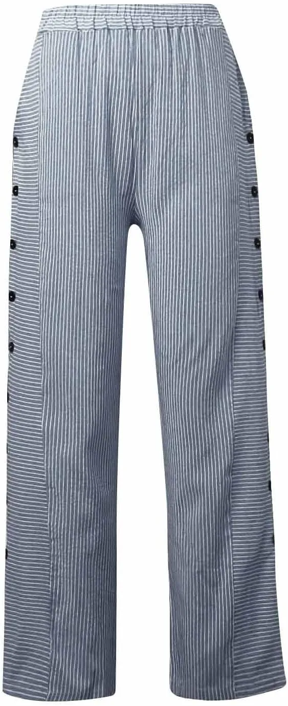 TWGONE Women's Casual Pants Striped Side Button Elastic Waist Trendy Linen Pants Comfy Baggy Trousers with Pockets