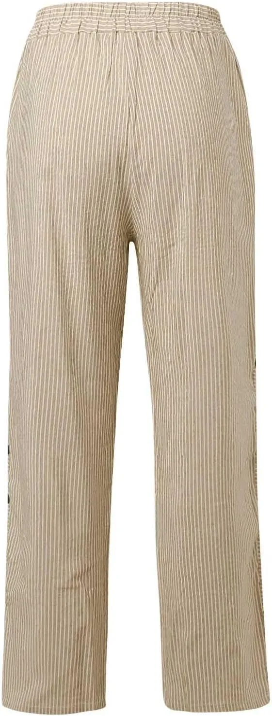 TWGONE Women's Casual Pants Striped Side Button Elastic Waist Trendy Linen Pants Comfy Baggy Trousers with Pockets