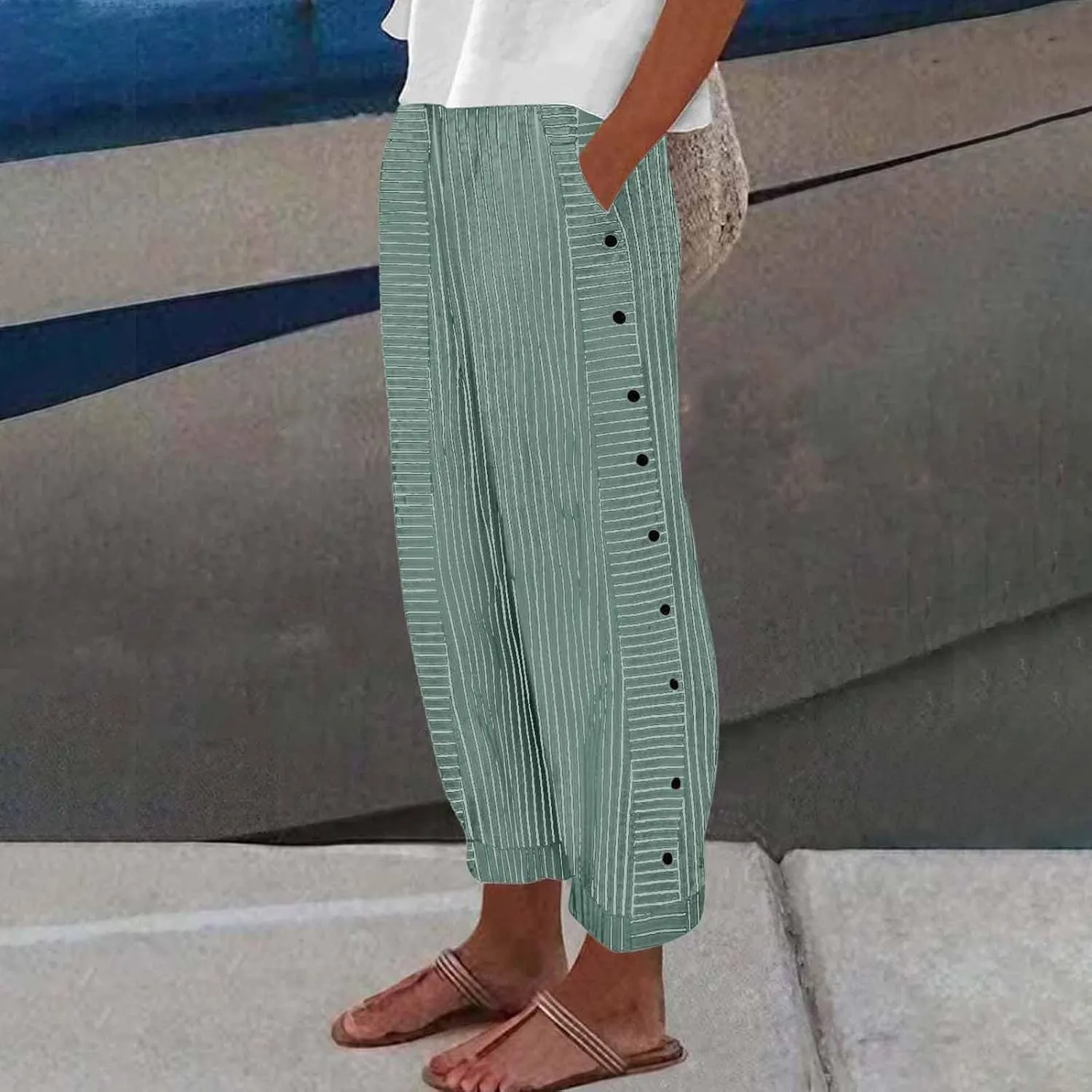 TWGONE Women's Casual Pants Striped Side Button Elastic Waist Trendy Linen Pants Comfy Baggy Trousers with Pockets