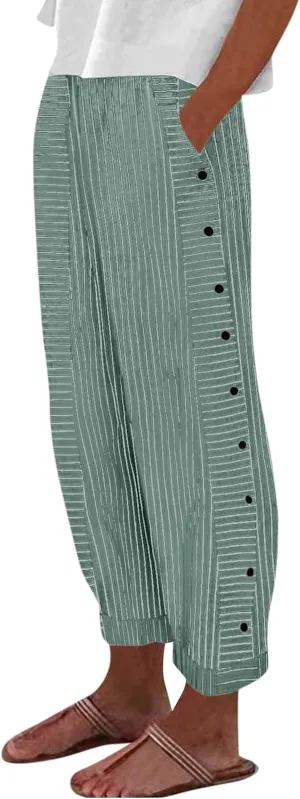 TWGONE Women's Casual Pants Striped Side Button Elastic Waist Trendy Linen Pants Comfy Baggy Trousers with Pockets