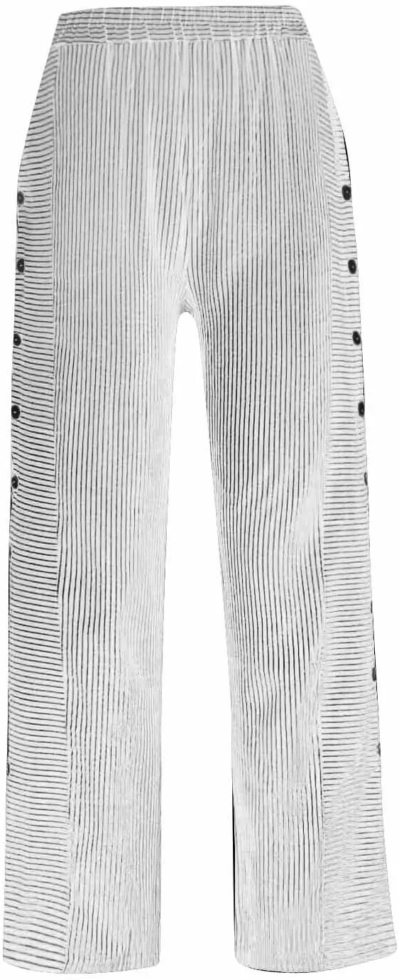 TWGONE Women's Casual Pants Striped Side Button Elastic Waist Trendy Linen Pants Comfy Baggy Trousers with Pockets