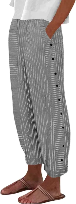 TWGONE Women's Casual Pants Striped Side Button Elastic Waist Trendy Linen Pants Comfy Baggy Trousers with Pockets
