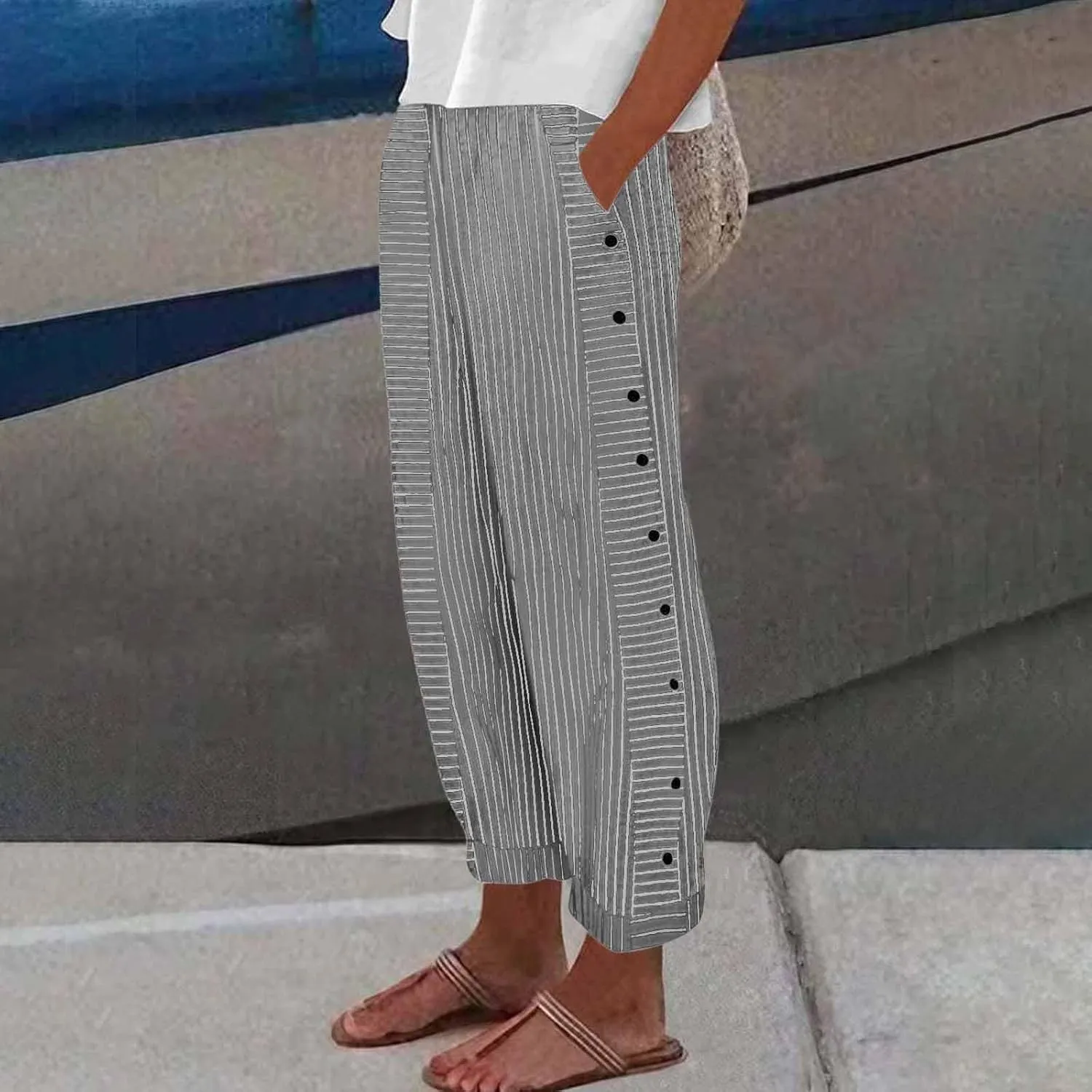 TWGONE Women's Casual Pants Striped Side Button Elastic Waist Trendy Linen Pants Comfy Baggy Trousers with Pockets