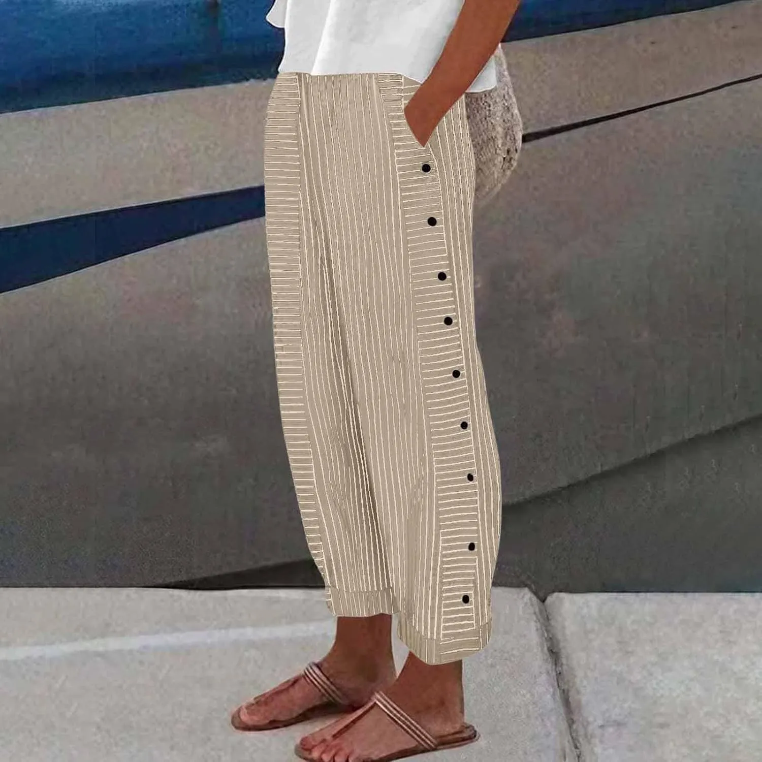 TWGONE Women's Casual Pants Striped Side Button Elastic Waist Trendy Linen Pants Comfy Baggy Trousers with Pockets