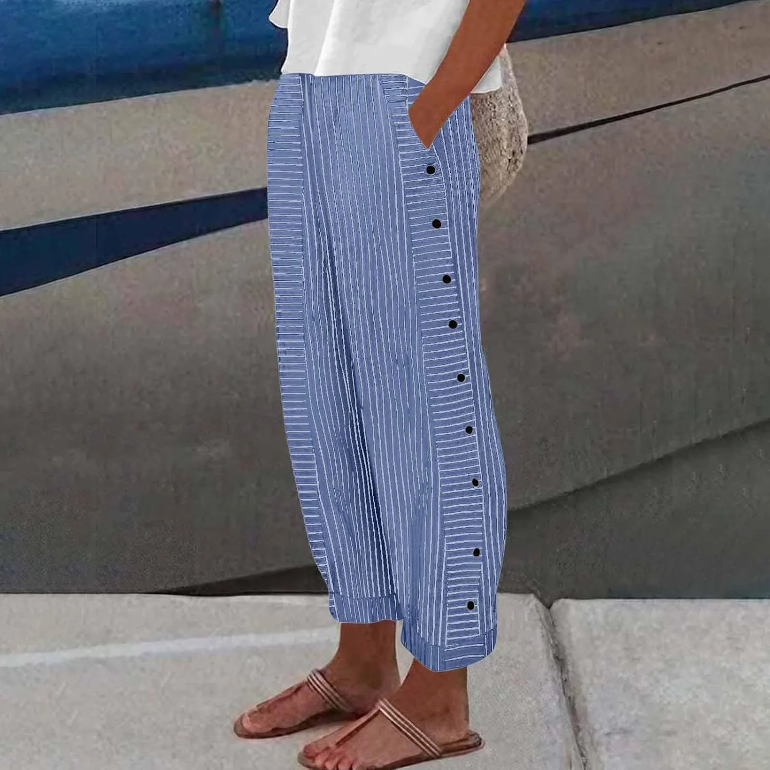 TWGONE Women's Casual Pants Striped Side Button Elastic Waist Trendy Linen Pants Comfy Baggy Trousers with Pockets