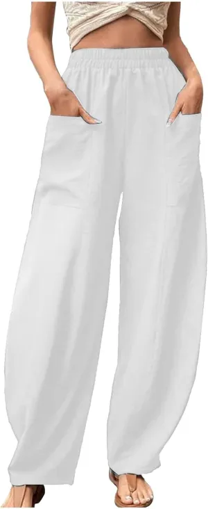 Uillui Women Wide Leg Linen Pants Casual Summer High Waist Capris Lounge Lightweight Trousers Comfy Jogging Jogger w Pockets