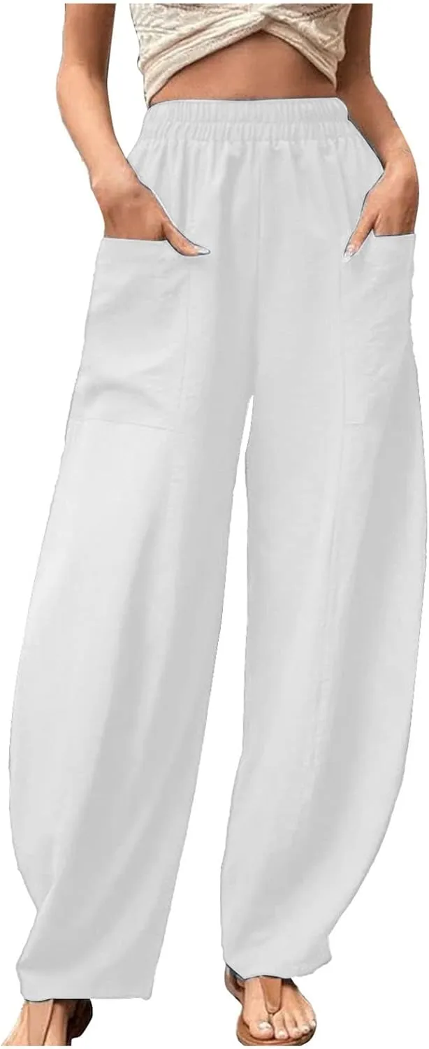 Uillui Women Wide Leg Linen Pants Casual Summer High Waist Capris Lounge Lightweight Trousers Comfy Jogging Jogger w Pockets