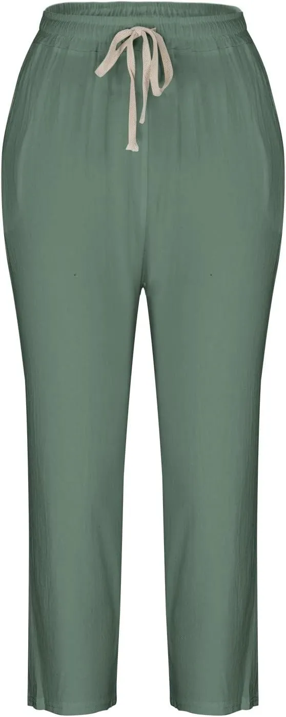 Uillui Womens Cotton Linen Harem Pants Summer Casual Tapered Cropped Baggy Lounge Trouser Lightweight Loose Yoga Capri Pants