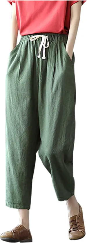 Uillui Womens Cotton Linen Harem Pants Summer Casual Tapered Cropped Baggy Lounge Trouser Lightweight Loose Yoga Capri Pants