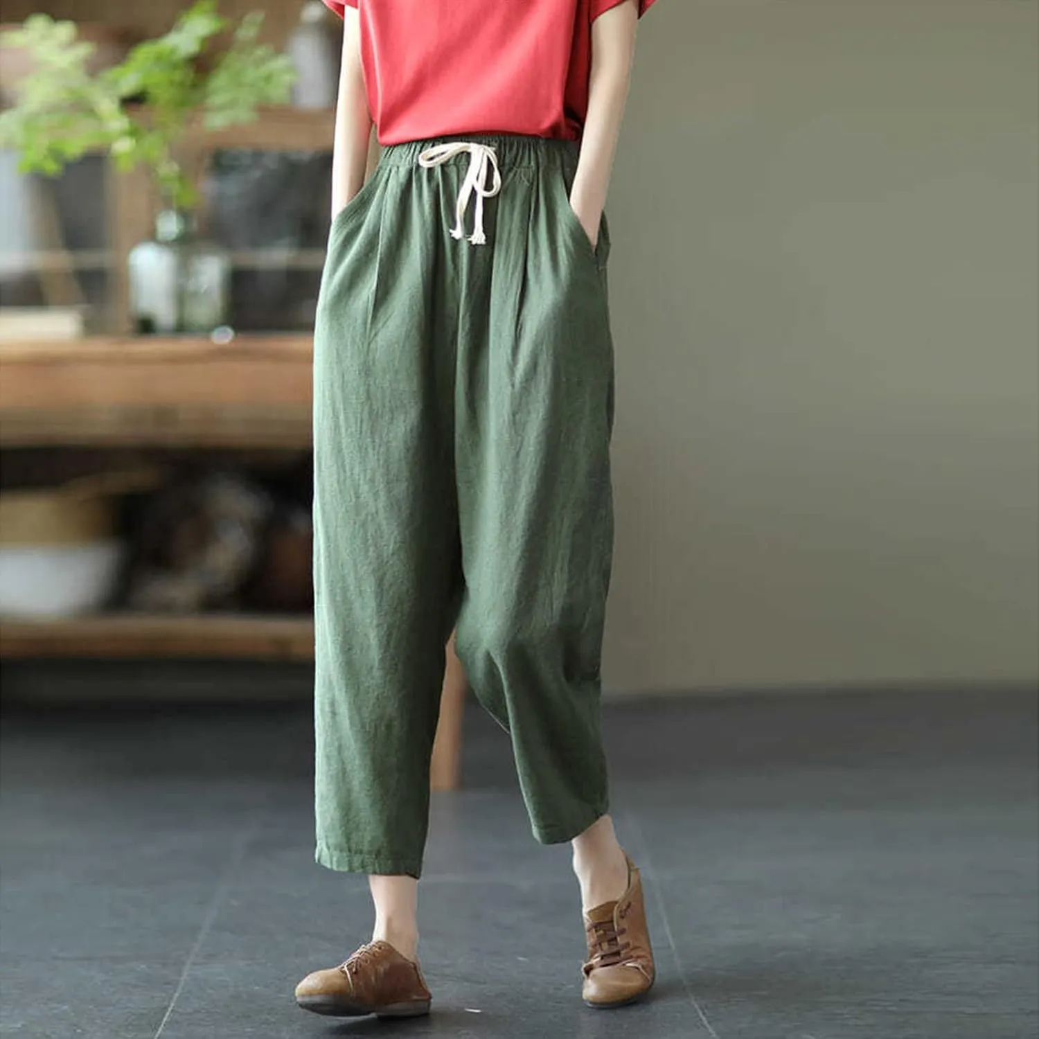 Uillui Womens Cotton Linen Harem Pants Summer Casual Tapered Cropped Baggy Lounge Trouser Lightweight Loose Yoga Capri Pants