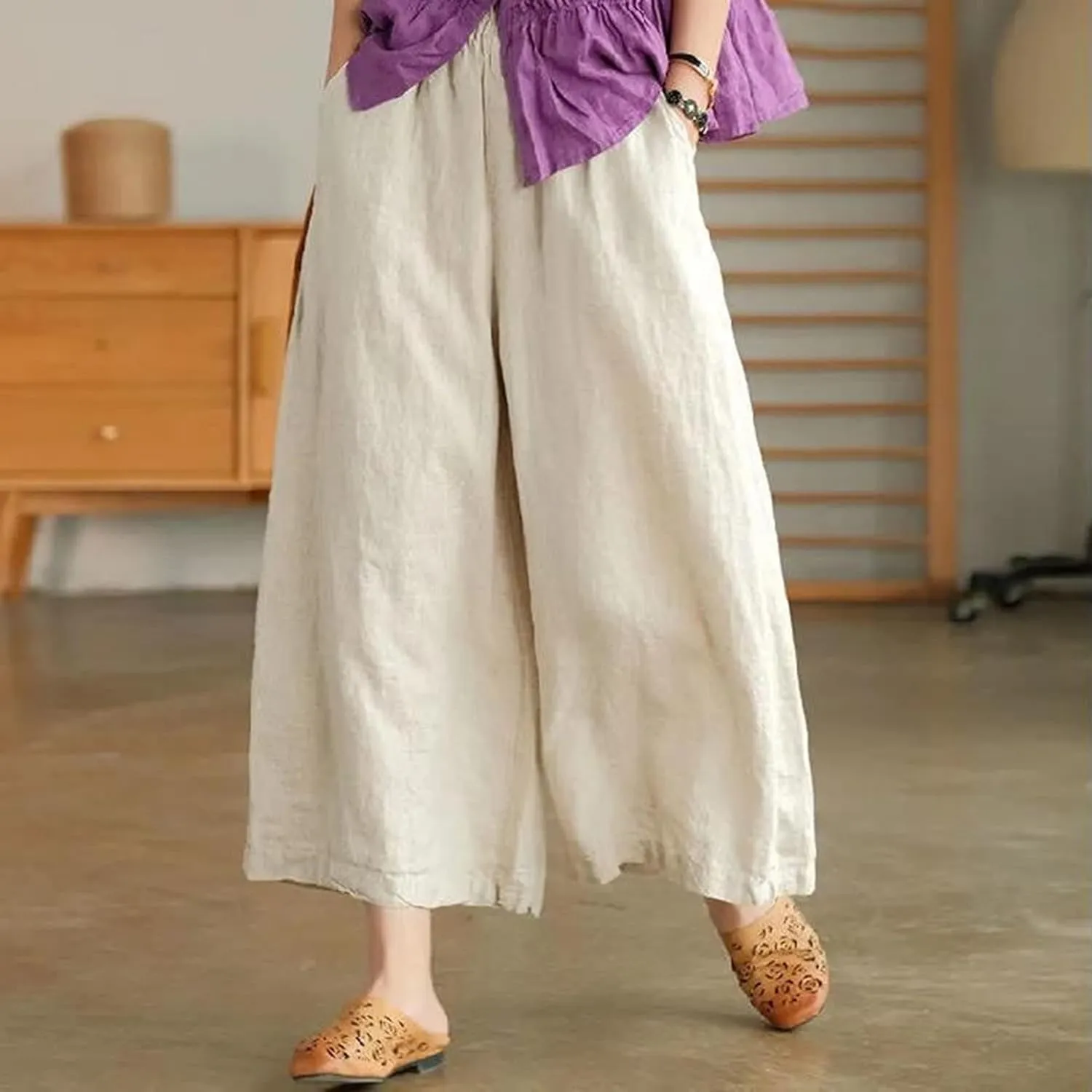 Uillui Women's Cotton Linen Summer Palazzo Pants Flowy Loose Elastic Waist Trousers Cropped Wide Leg Lounge Pant with Pocket