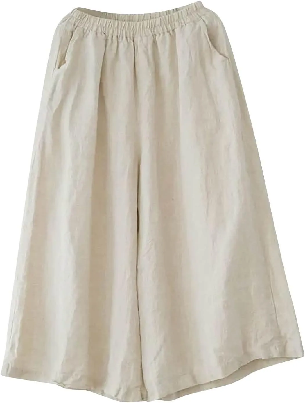 Uillui Women's Cotton Linen Summer Palazzo Pants Flowy Loose Elastic Waist Trousers Cropped Wide Leg Lounge Pant with Pocket