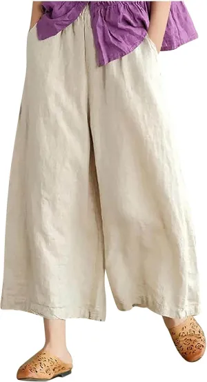 Uillui Women's Cotton Linen Summer Palazzo Pants Flowy Loose Elastic Waist Trousers Cropped Wide Leg Lounge Pant with Pocket