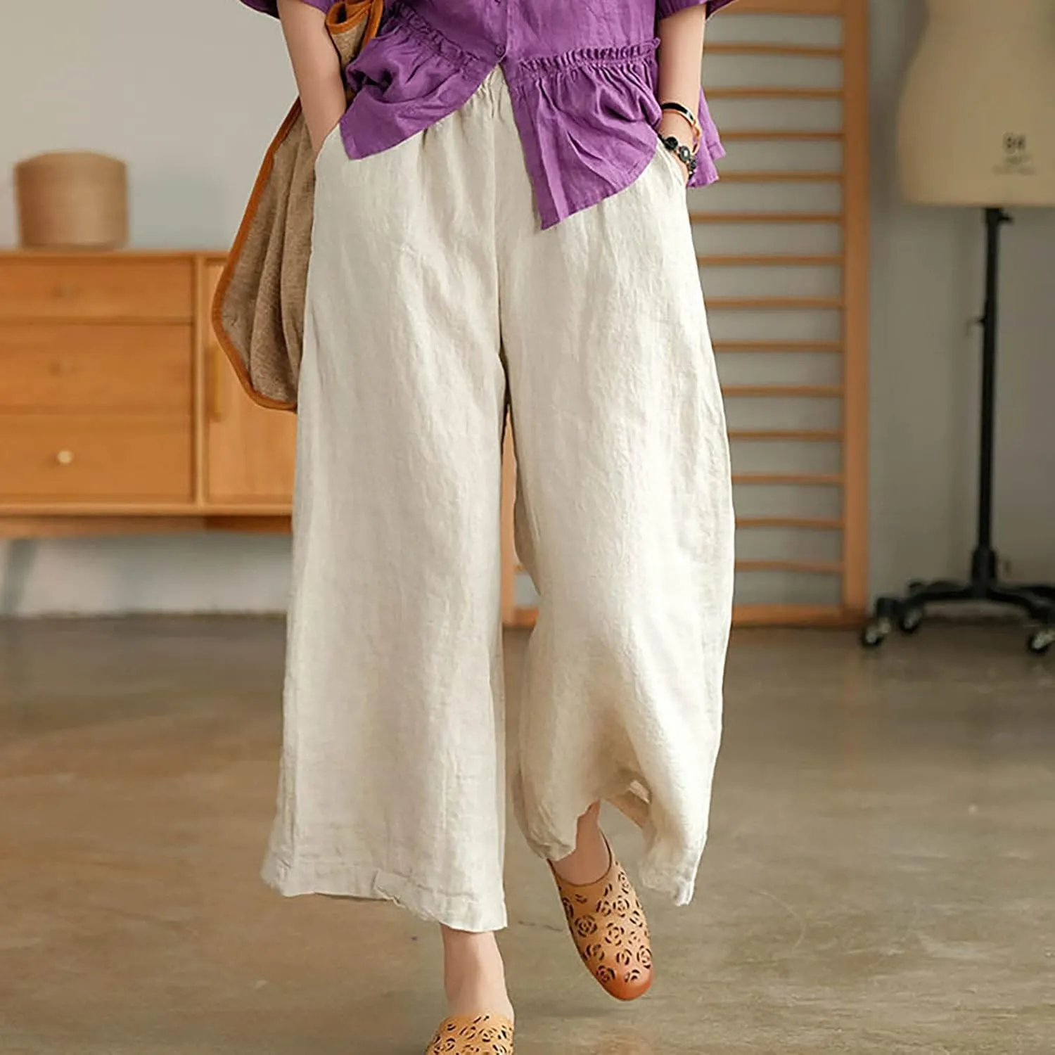 Uillui Women's Cotton Linen Summer Palazzo Pants Flowy Loose Elastic Waist Trousers Cropped Wide Leg Lounge Pant with Pocket