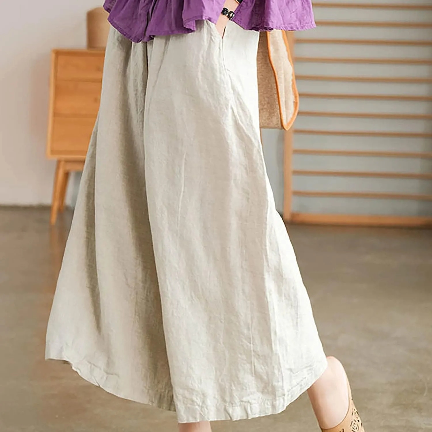 Uillui Women's Cotton Linen Summer Palazzo Pants Flowy Loose Elastic Waist Trousers Cropped Wide Leg Lounge Pant with Pocket