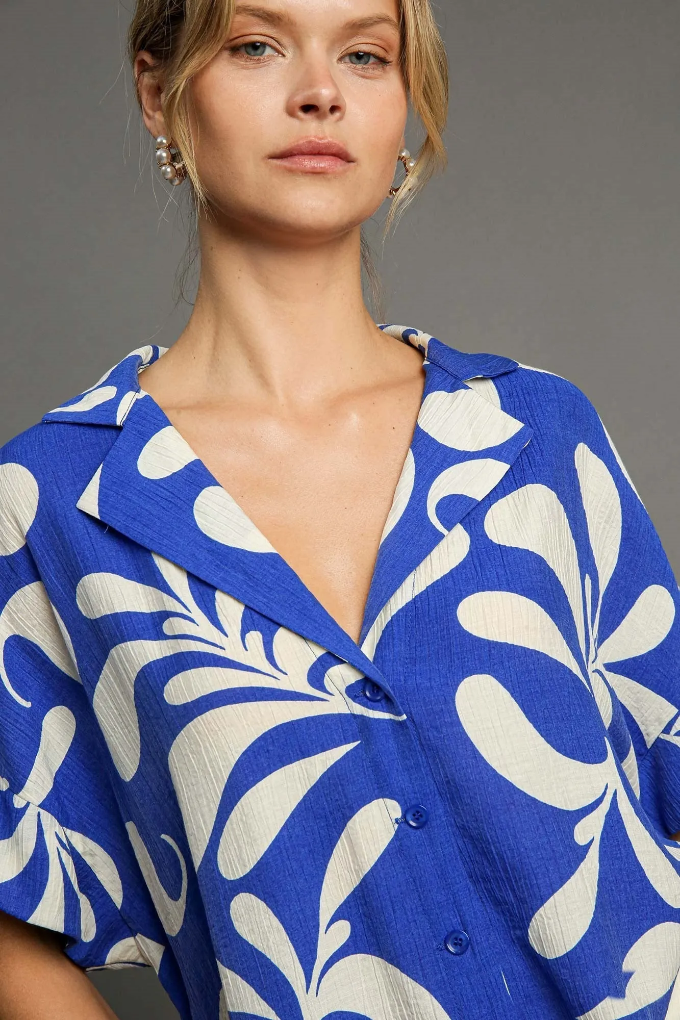 Umgee Oversized Two Tone Button Down Top in Blue
