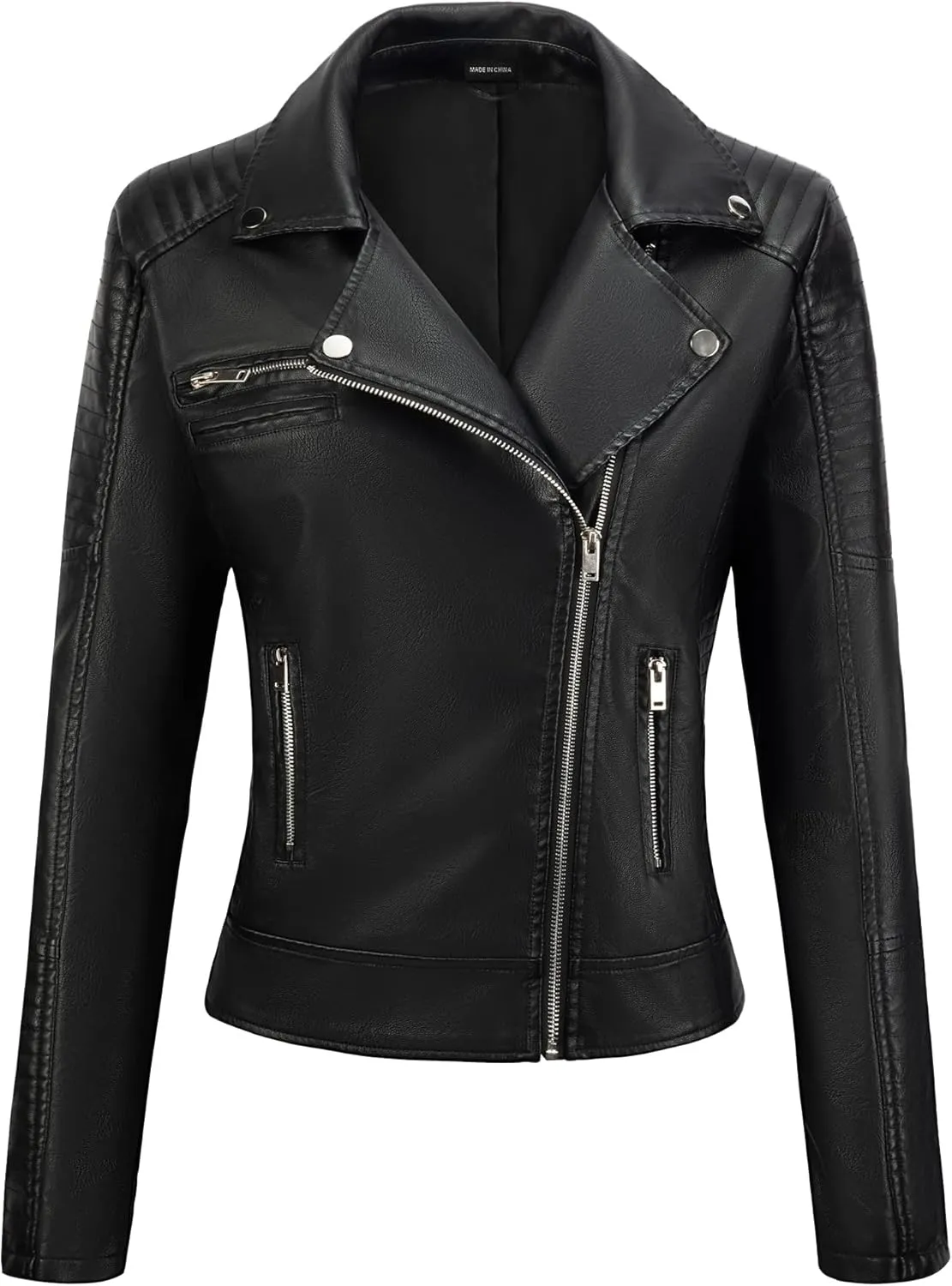 URBEST Women's Faux Leather Jacket Black Motorcycle Moto Biker Short Coat