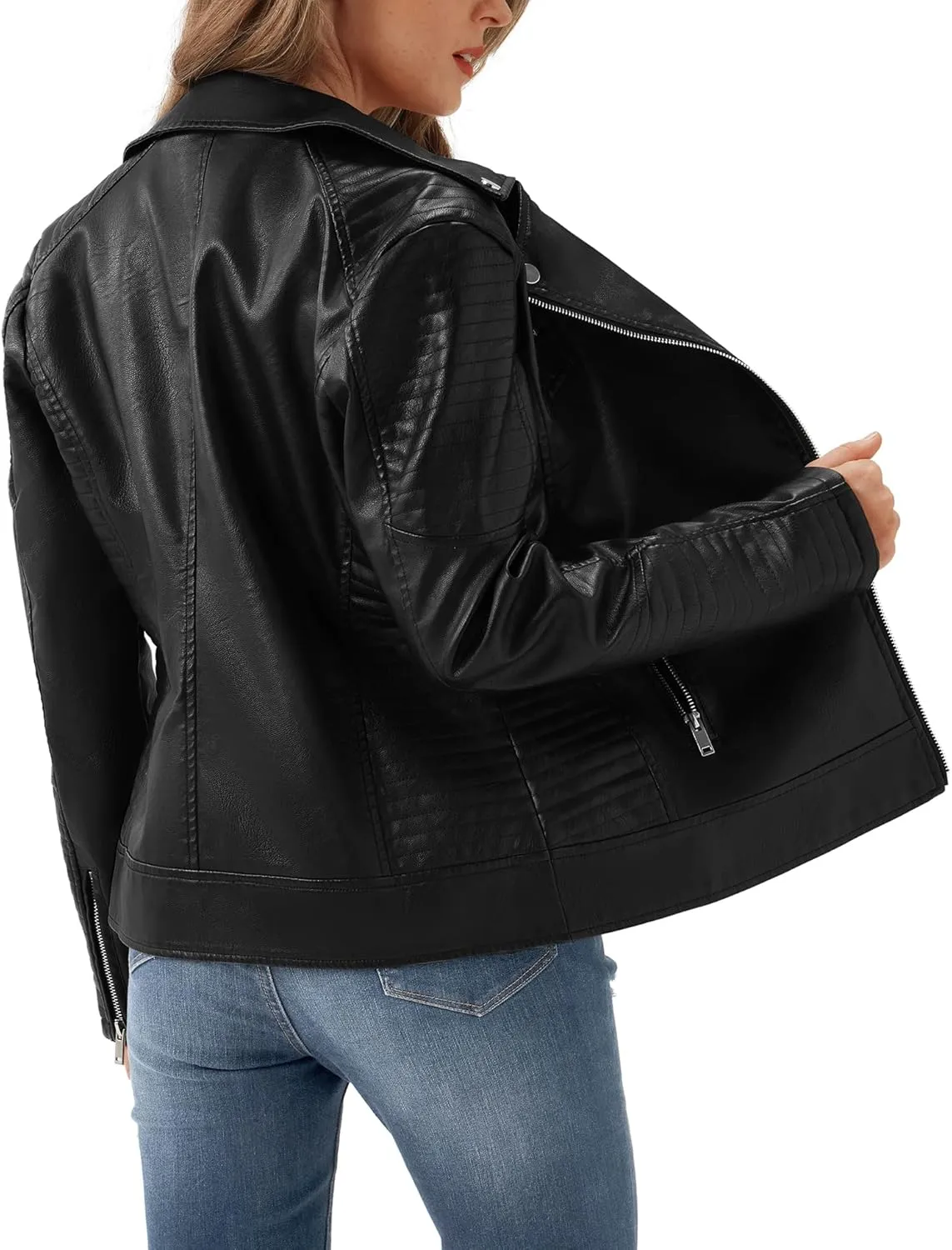URBEST Women's Faux Leather Jacket Black Motorcycle Moto Biker Short Coat