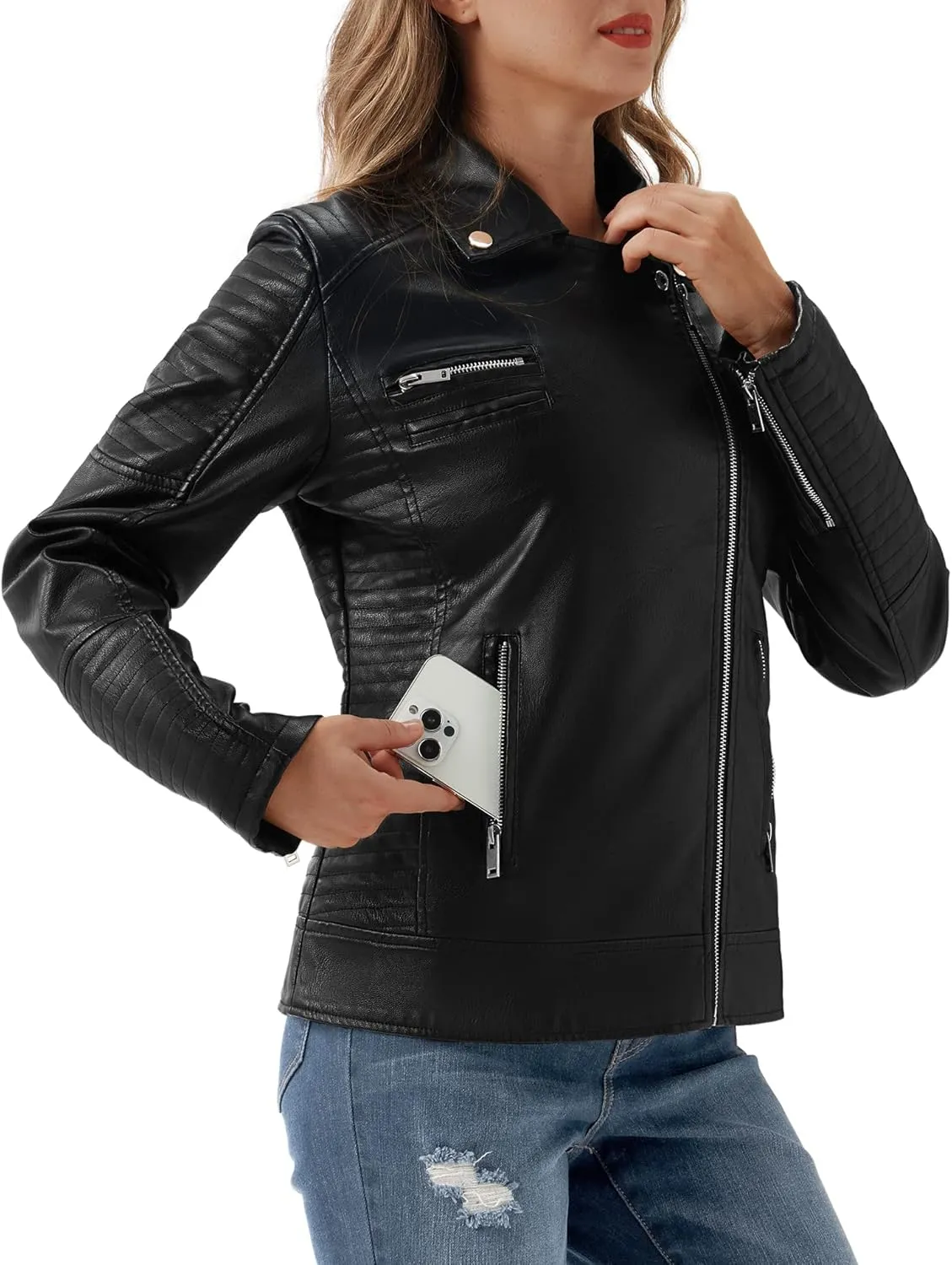 URBEST Women's Faux Leather Jacket Black Motorcycle Moto Biker Short Coat