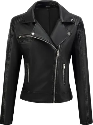 URBEST Women's Faux Leather Jacket Black Motorcycle Moto Biker Short Coat