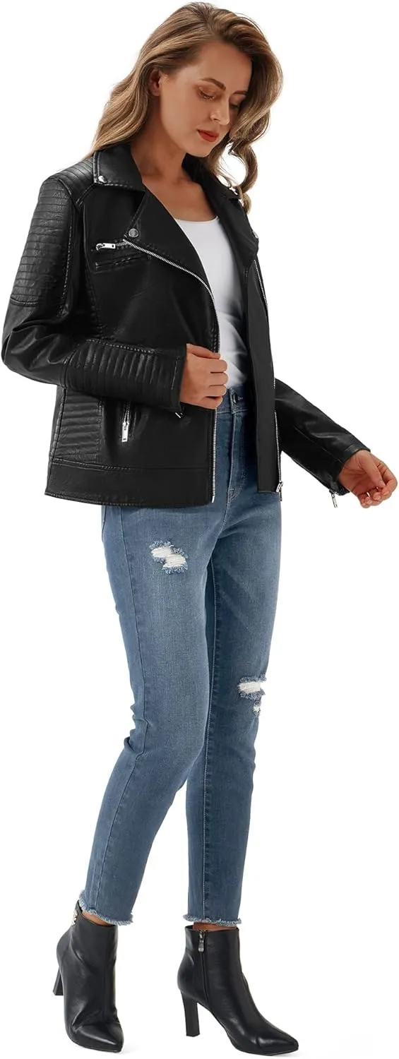 URBEST Women's Faux Leather Jacket Black Motorcycle Moto Biker Short Coat