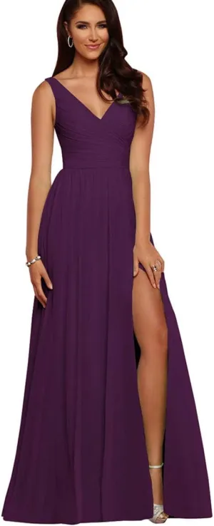V Neck Bridesmaid Dresses Long Split Chiffon Pleated Wedding Evening Prom Gown for Women Grape Size 18