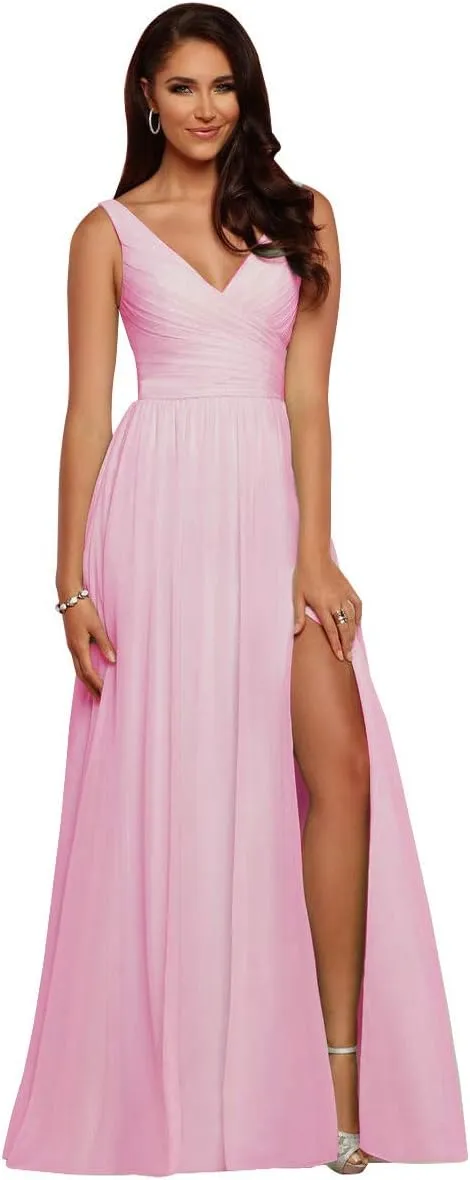 V Neck Bridesmaid Dresses Long Split Chiffon Pleated Wedding Evening Prom Gown for Women Pink Size 16