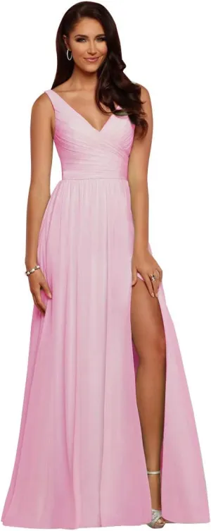V Neck Bridesmaid Dresses Long Split Chiffon Pleated Wedding Evening Prom Gown for Women Pink Size 16