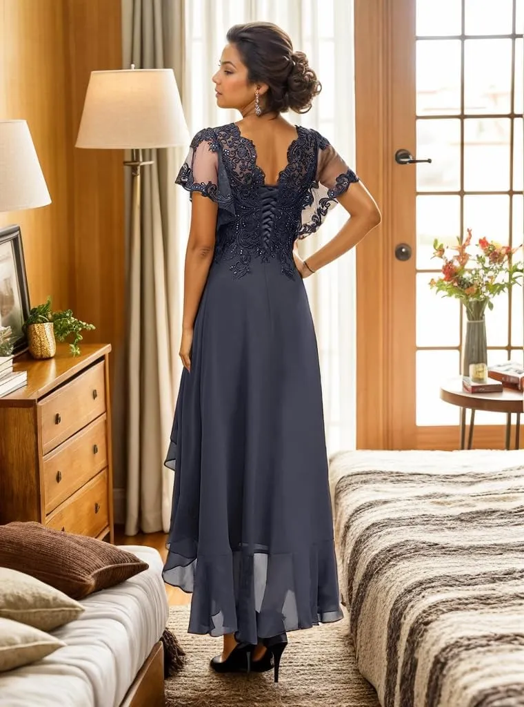 V-Neck Mother of The Bride Dresses Chiffon Short Sleeve Evening Gowns High Low Wedding Guest Dresses for Women