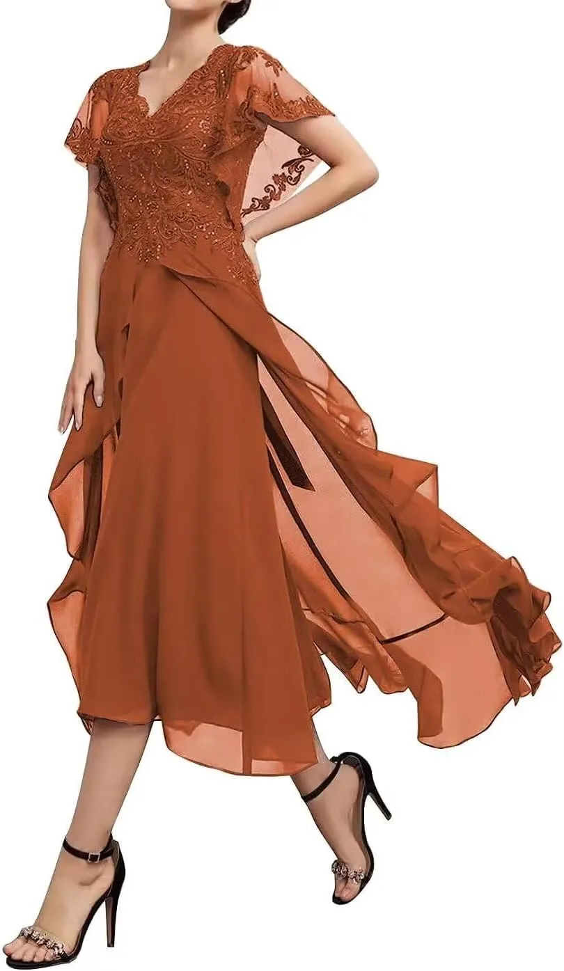 V-Neck Mother of The Bride Dresses Chiffon Short Sleeve Evening Gowns High Low Wedding Guest Dresses for Women