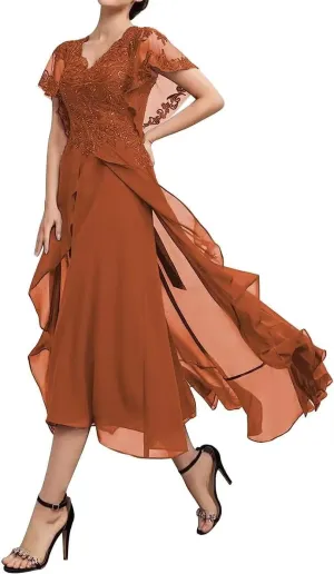 V-Neck Mother of The Bride Dresses Chiffon Short Sleeve Evening Gowns High Low Wedding Guest Dresses for Women