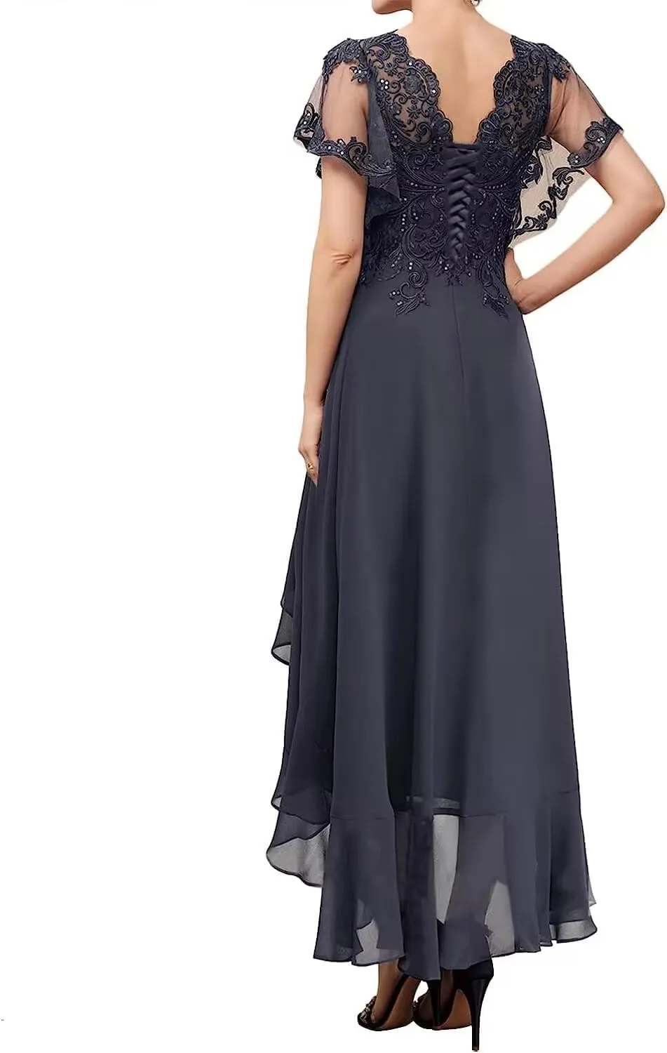 V-Neck Mother of The Bride Dresses Chiffon Short Sleeve Evening Gowns High Low Wedding Guest Dresses for Women