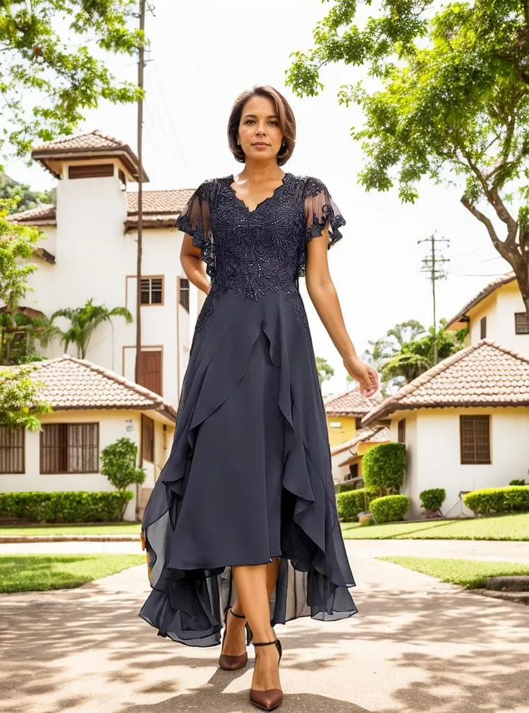 V-Neck Mother of The Bride Dresses Chiffon Short Sleeve Evening Gowns High Low Wedding Guest Dresses for Women