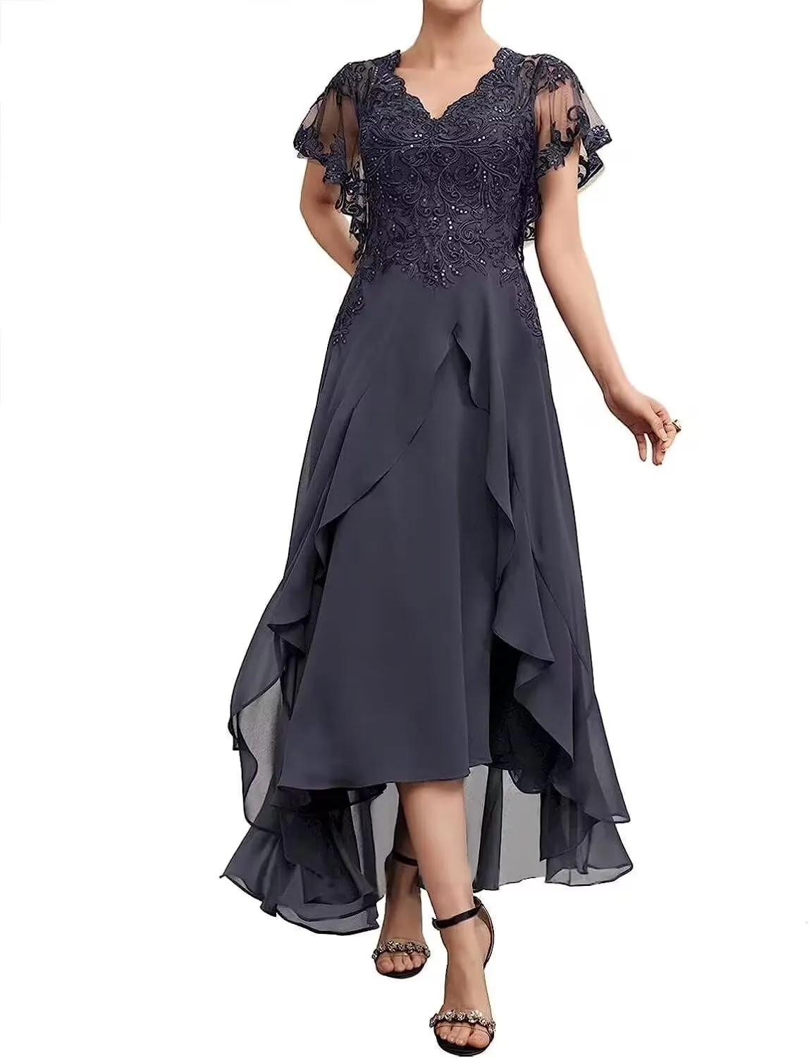 V-Neck Mother of The Bride Dresses Chiffon Short Sleeve Evening Gowns High Low Wedding Guest Dresses for Women