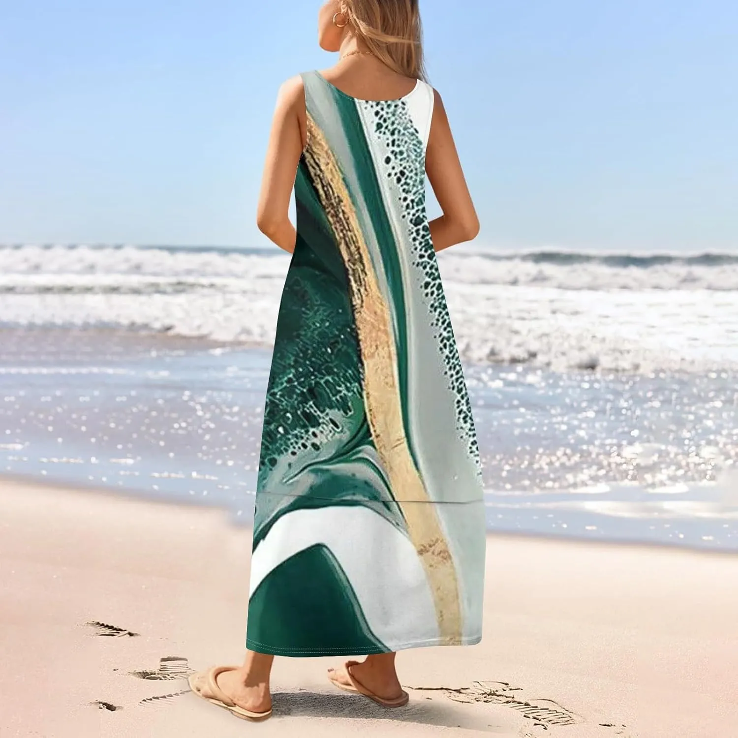 Vacation Dresses for Women 2025 Floral Printed Sleeveless Midi Dress Swing Tank Tshirt Sundresses with Pockets