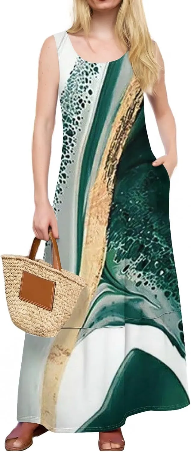 Vacation Dresses for Women 2025 Floral Printed Sleeveless Midi Dress Swing Tank Tshirt Sundresses with Pockets