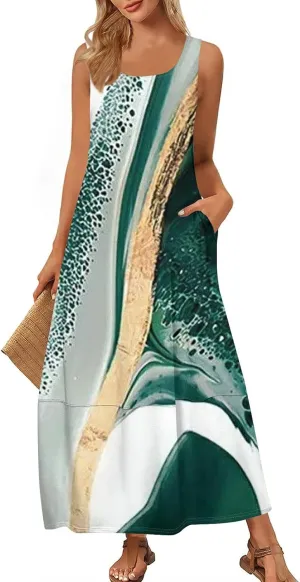 Vacation Dresses for Women 2025 Floral Printed Sleeveless Midi Dress Swing Tank Tshirt Sundresses with Pockets