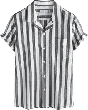 VATPAVE Mens Striped Summer Shirt Casual Button Down Short Sleeve Beach Shirts Cotton Linen Shirts for Men