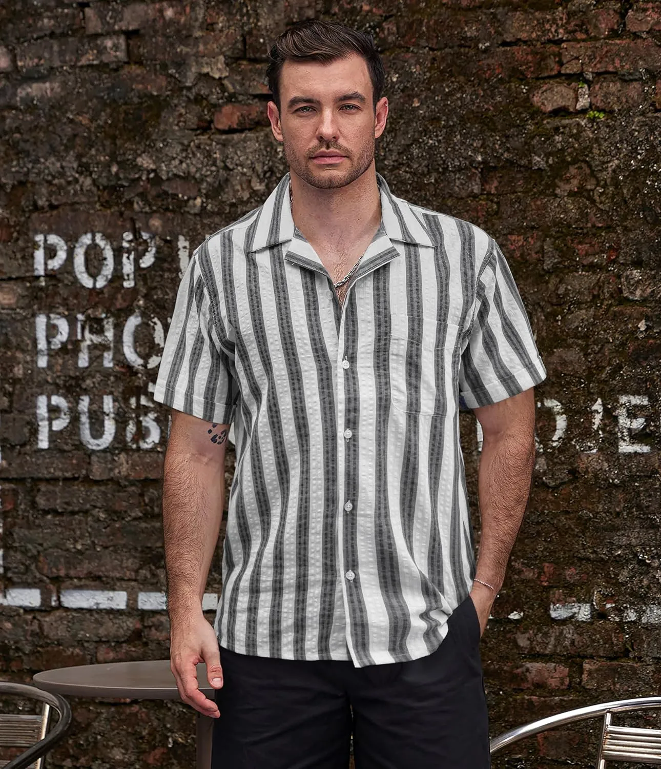 VATPAVE Mens Striped Summer Shirt Casual Button Down Short Sleeve Beach Shirts Cotton Linen Shirts for Men