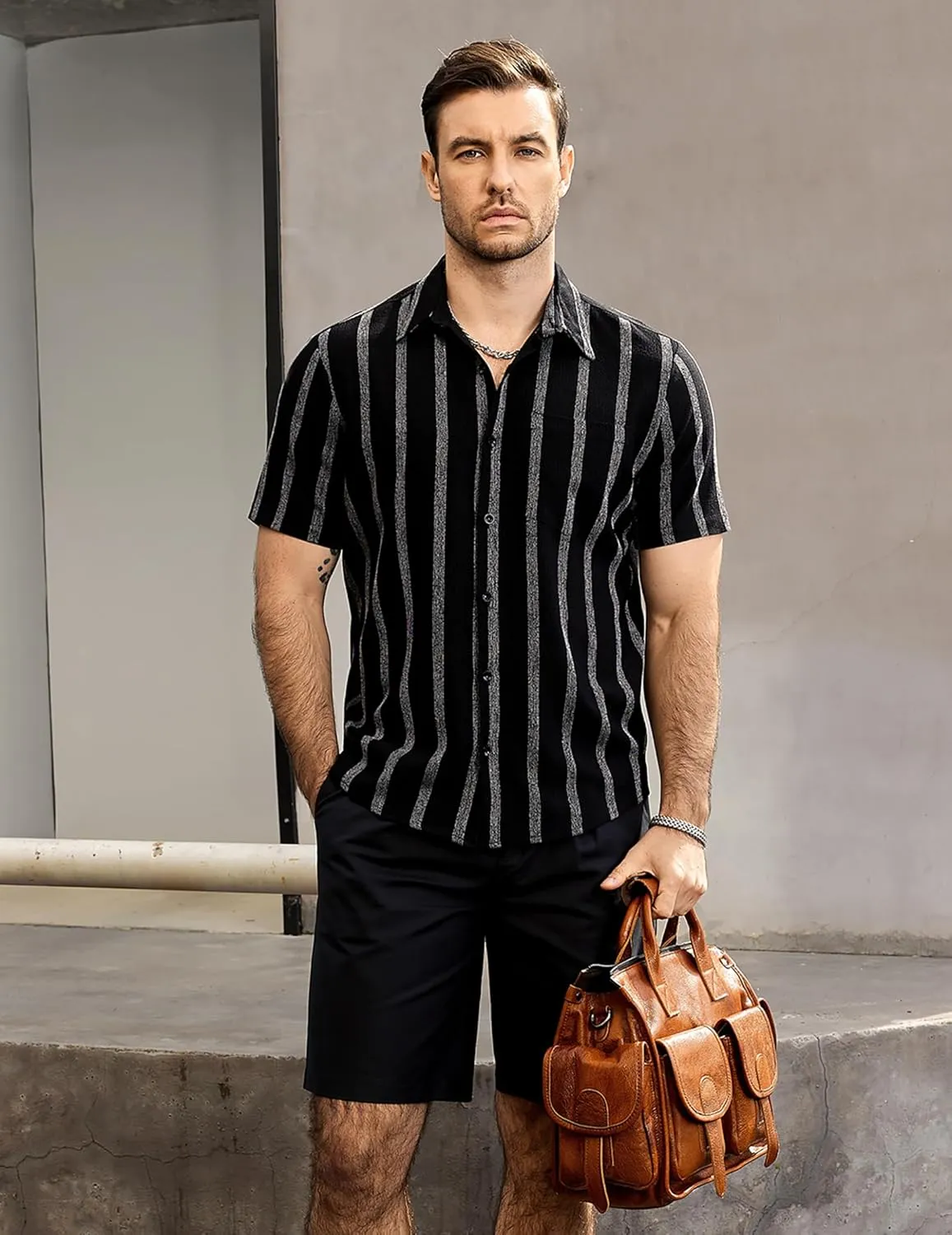 VATPAVE Mens Summer Striped Shirts Button Down Short Sleeve Vintage Beach Hawaiian Shirts with Pocket