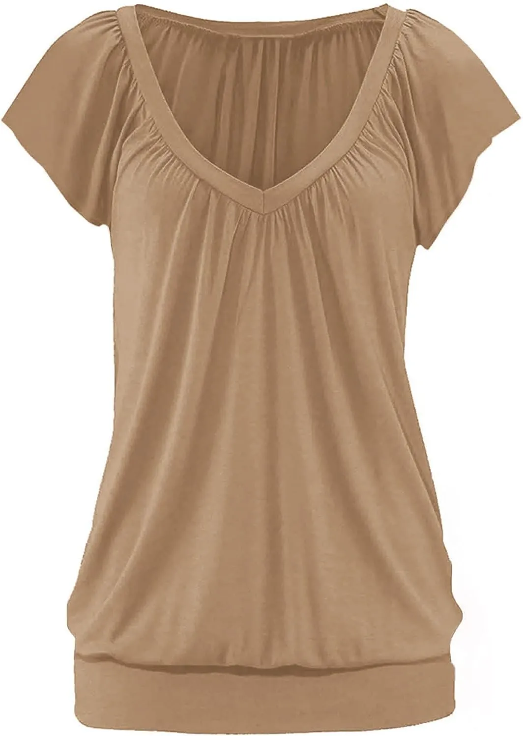 Veatzaer Women V Neck T Shirts Cap Sleeve Summer Casual Shirts Banded-Bottom Loose Fit Basic Tops