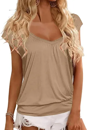 Veatzaer Women V Neck T Shirts Cap Sleeve Summer Casual Shirts Banded-Bottom Loose Fit Basic Tops