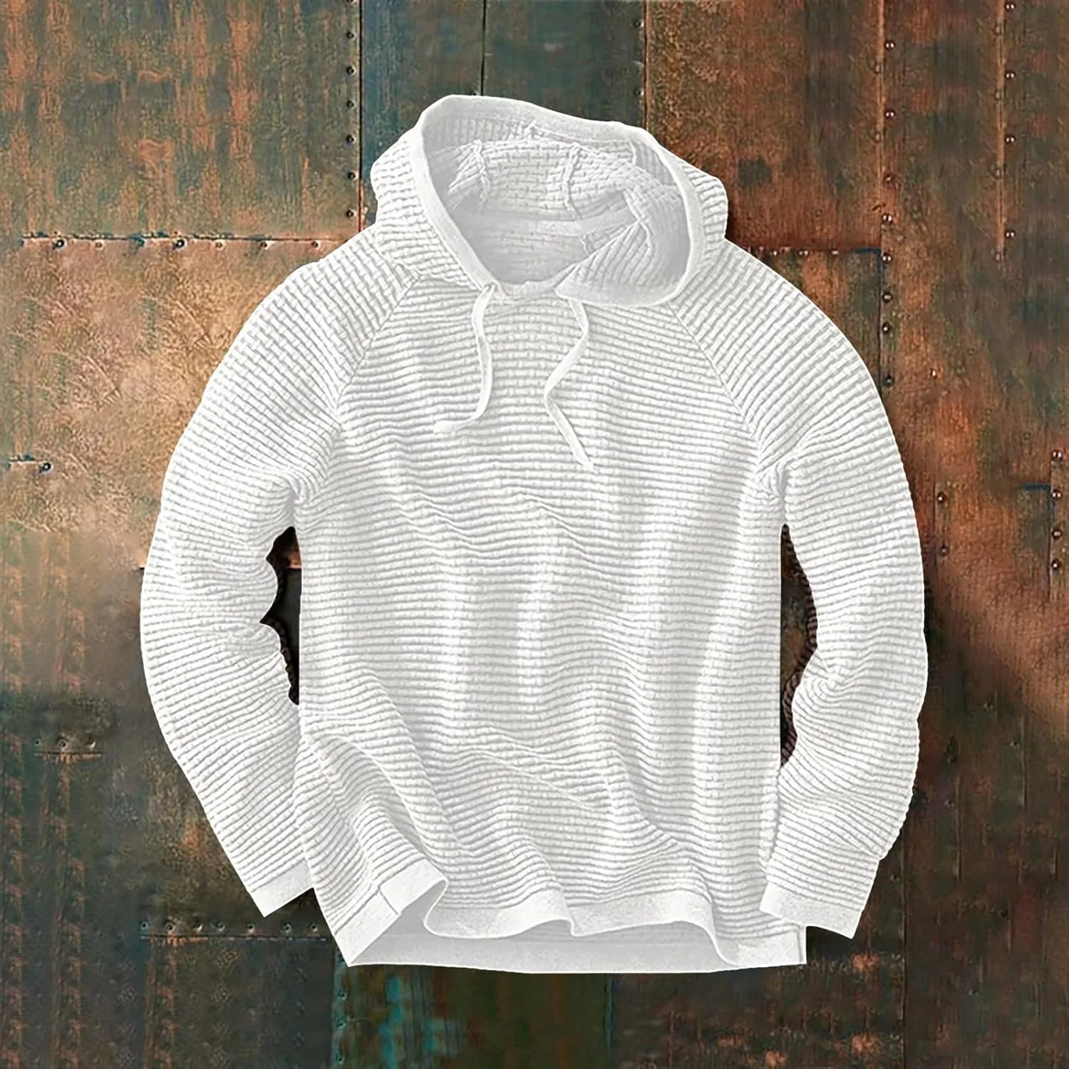 Waffle Hooded Sweatshirt for Men Long Sleeve Gym Athletic Hoodies Pure Color Drawstring Casual Pullover Tops